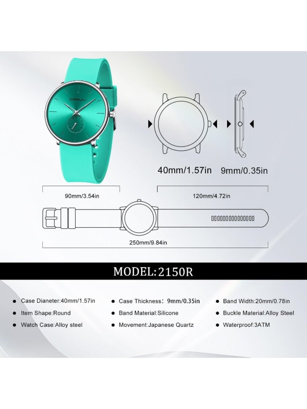 Crrju Men's Light Green Waterproof Quartz Unisex Ultra Silicone Band Round Watch - Picture 4 of 6